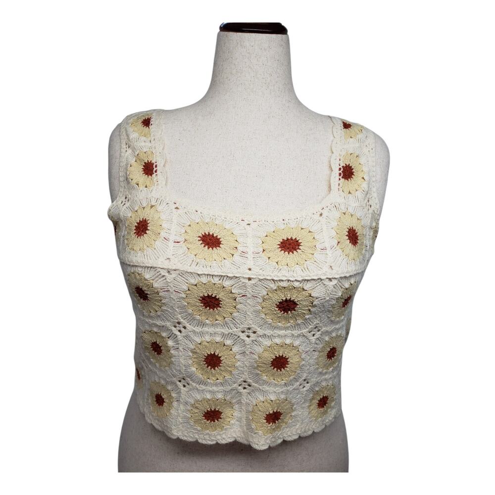 Rebellion Crochet Tank Top L Cream Boho Festival Granny Square Vintage Style